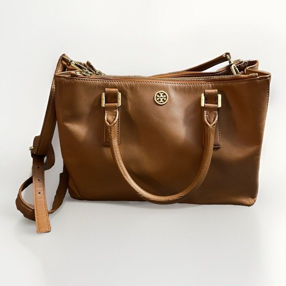 TORY BURCH Caramel Saffiano Leather Robinson Double Zip Tote Purse